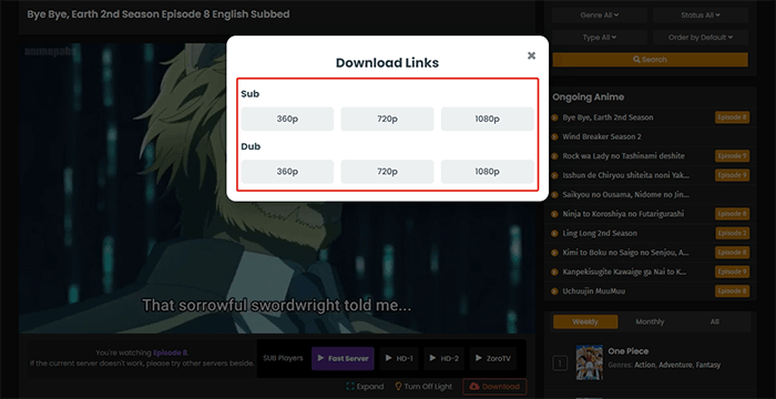 gogoanime video options