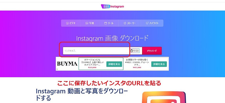 SSSInstagram インスタ動画のURL入力
